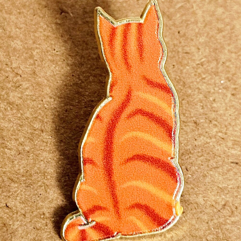 Orange Tabby Cat Silhouette Enamel Lapel Pin, Gold Frame, Cat Lover Jacket Pin